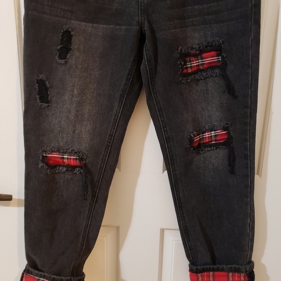 KanCan High Rise Straight Black Plaid patch - Picture 3 of 10